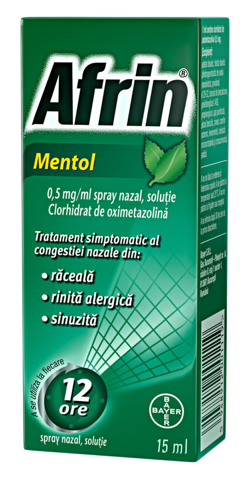 Solutii nazale - Afrin Mentol spray nazal, soluție, 0,5 mg/ml, 15 ml, Bayer, sinapis.ro