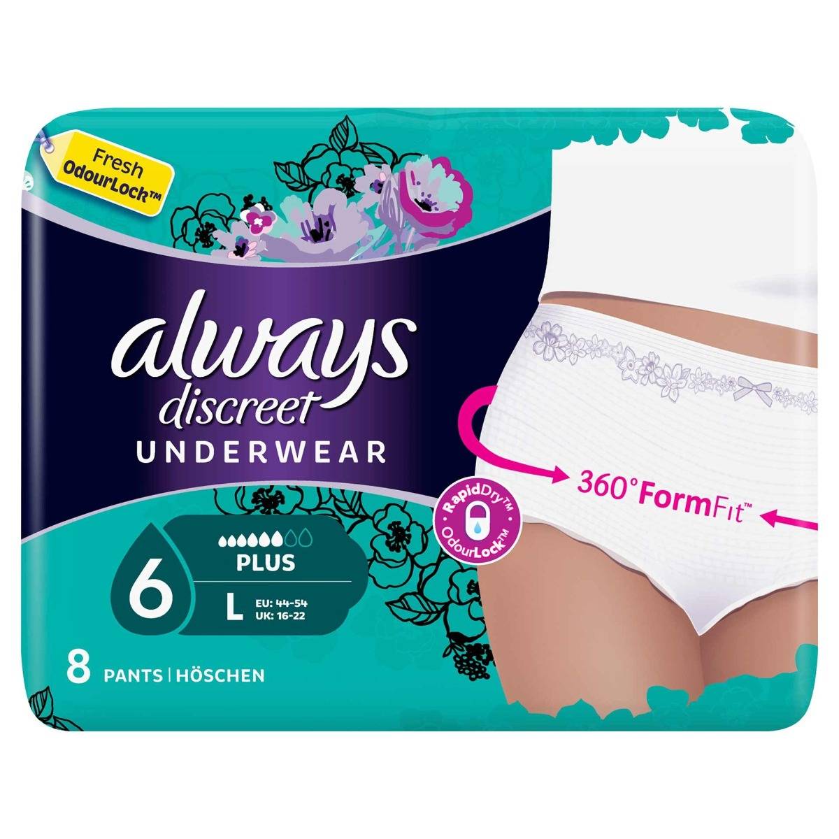 Absorbante si tampoane - Always discreet pants L, 8 bucăți, Procter & Gamble, sinapis.ro