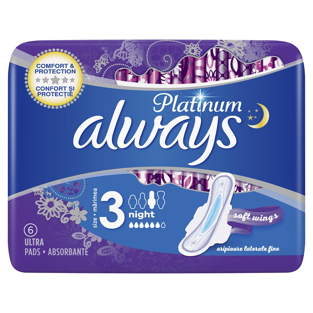 Absorbante si tampoane - Always platinum night, mărime 3, 6 bucăți, Procter & Gamble, sinapis.ro