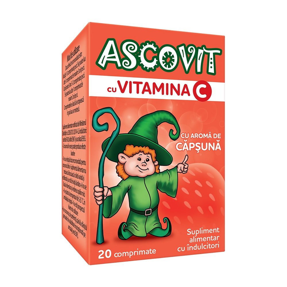 Copii - Ascovit cu Vitamina C aroma de capsuni, 20 comprimate, Perrigo, sinapis.ro
