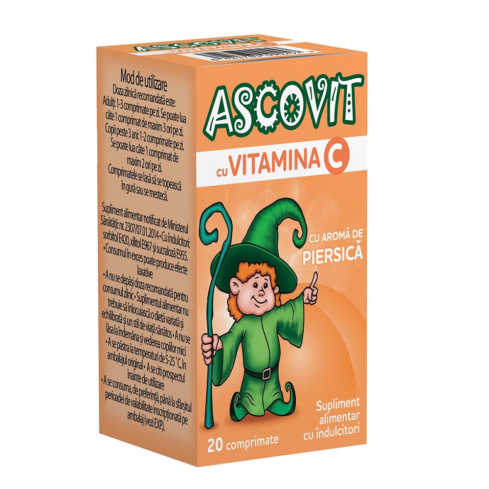 Copii - Ascovit cu Vitamina C aroma de piersica, 20 comprimate, Perrigo, sinapis.ro