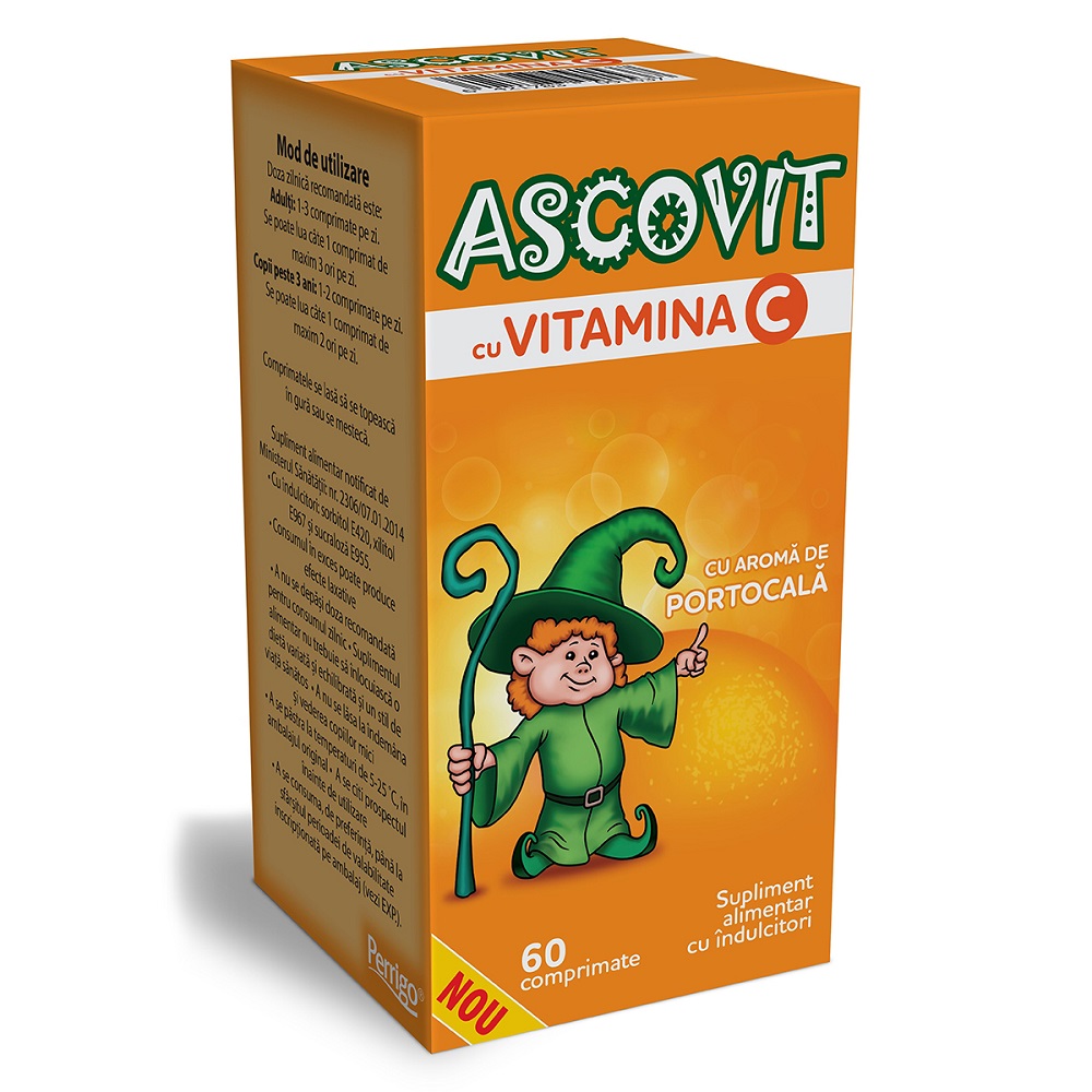 Copii - Ascovit cu Vitamina C aroma de portocala, 60 comprimate, Perrigo, sinapis.ro