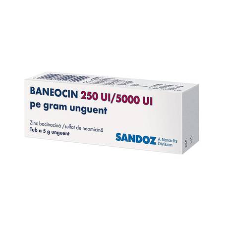 Diverse afectiuni ale pielii - Baneocin, 250ui/5000ui/g, 5g, unguent, Sandoz, sinapis.ro