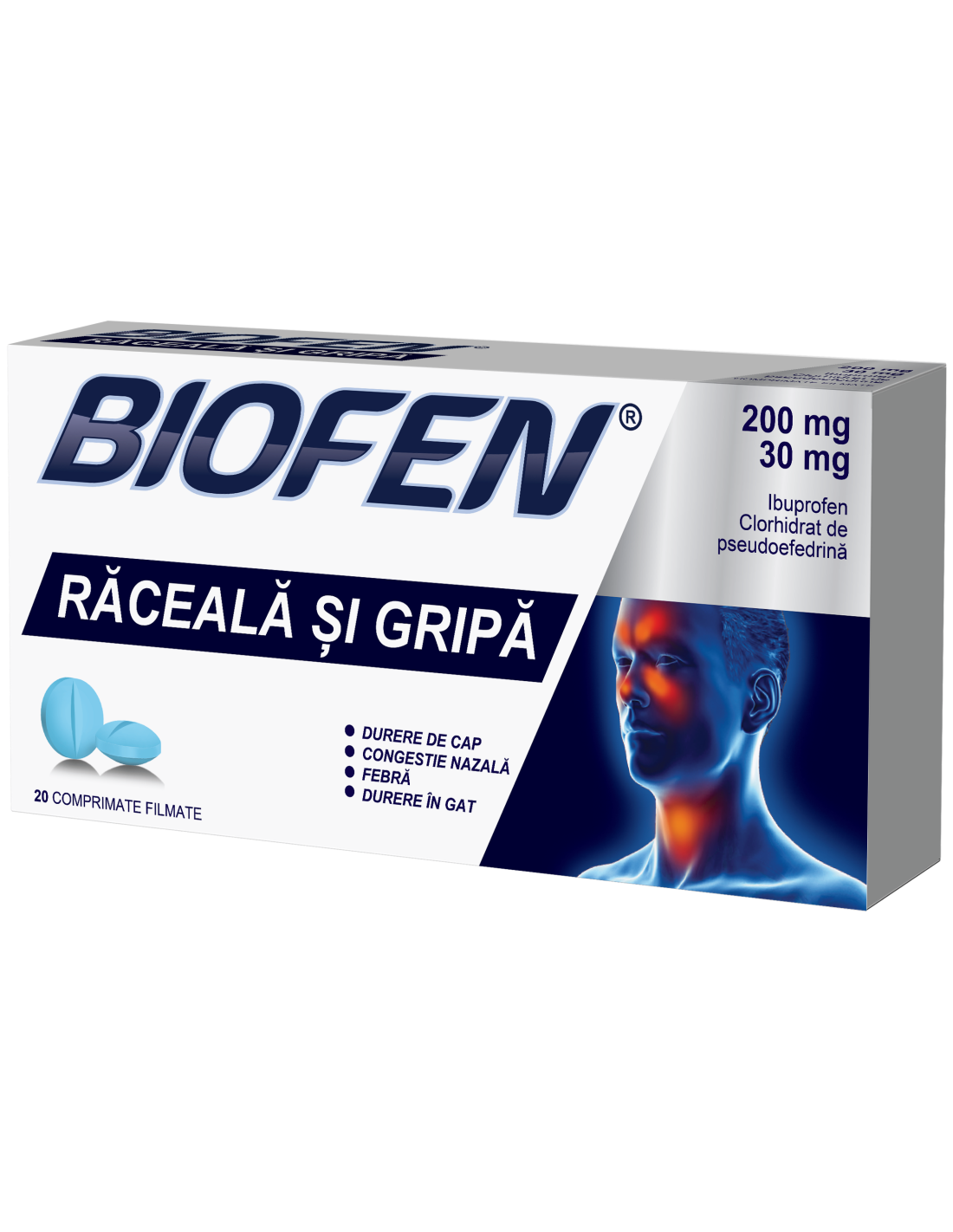 Raceala si gripa - Biofen Răceală și Gripă, 200mg/30mg, 20 comprimate filmate, Biofarm, sinapis.ro