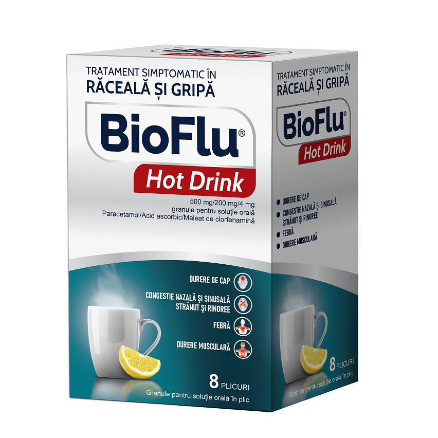 Raceala si gripa - Bioflu Hot Drink, 500 mg/200 mg/4 mg granule pentru soluţie orală, 8 plicuri, Biofarm, sinapis.ro
