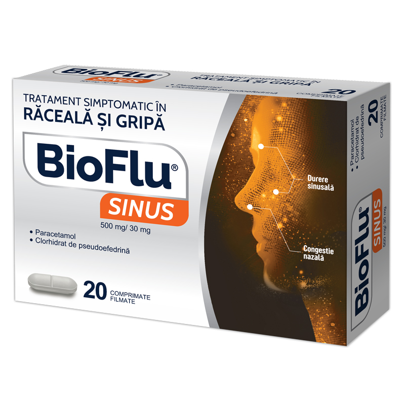 Raceala si gripa - Bioflu Sinus, 500mg/30mg, 20 comprimate filmate, Biofarm, sinapis.ro
