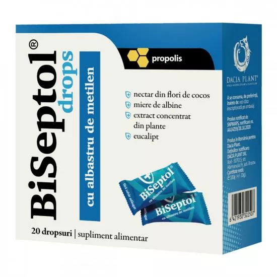 Dureri de gat - BiSeptol drops cu propolis și albastru de metilen, 20 bucăți, Dacia Plant , sinapis.ro