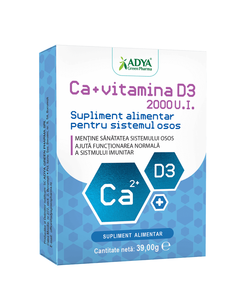 Articulatii si sistem osos - Calciu + Vitamina D3, 30 comprimate masticabile, Adya Green Pharma, sinapis.ro