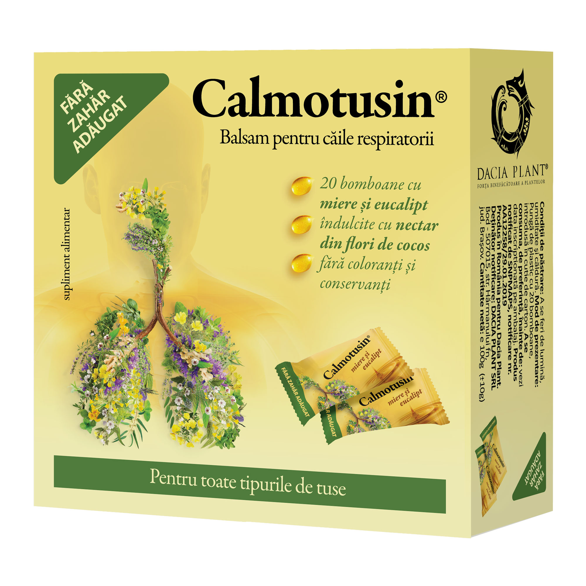 Dureri de gat - Calmotusin cu miere și eucalipt, 20 dropsuri, Dacia Plant, sinapis.ro