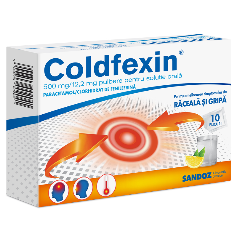 Raceala si gripa - Coldfexin, 500 mg/12,2 mg pulbere pentru soluție orală, 10 plicuri, Sandoz, sinapis.ro