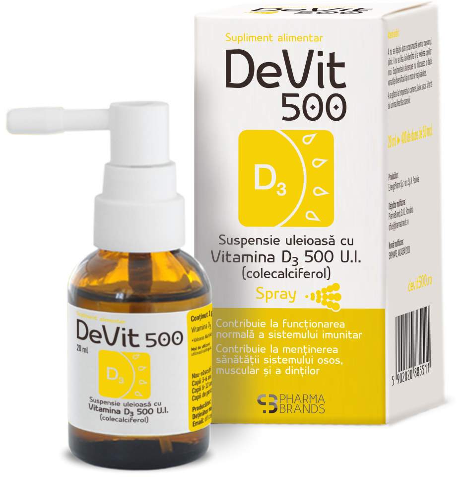 Imunitate - DeVit 500 Suspensie uleioasa cu Vitamina D3 500 U.I. SPRAY 20 ml, Pharma Brands, sinapis.ro