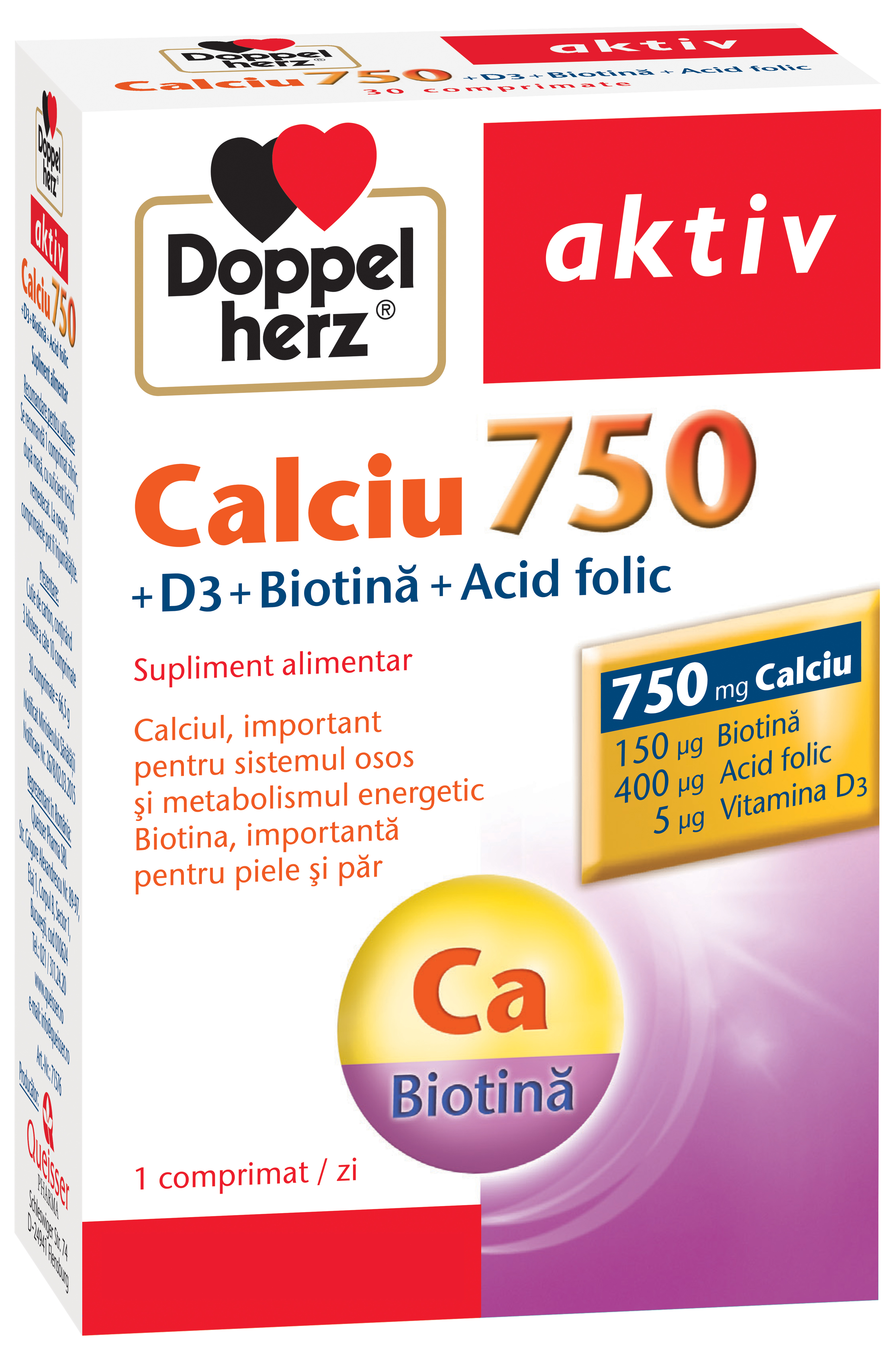Uz general - Doppelherz Aktiv Calciu 750 + D3 + Bitoină + Acid Folic, 30 comprimate, sinapis.ro