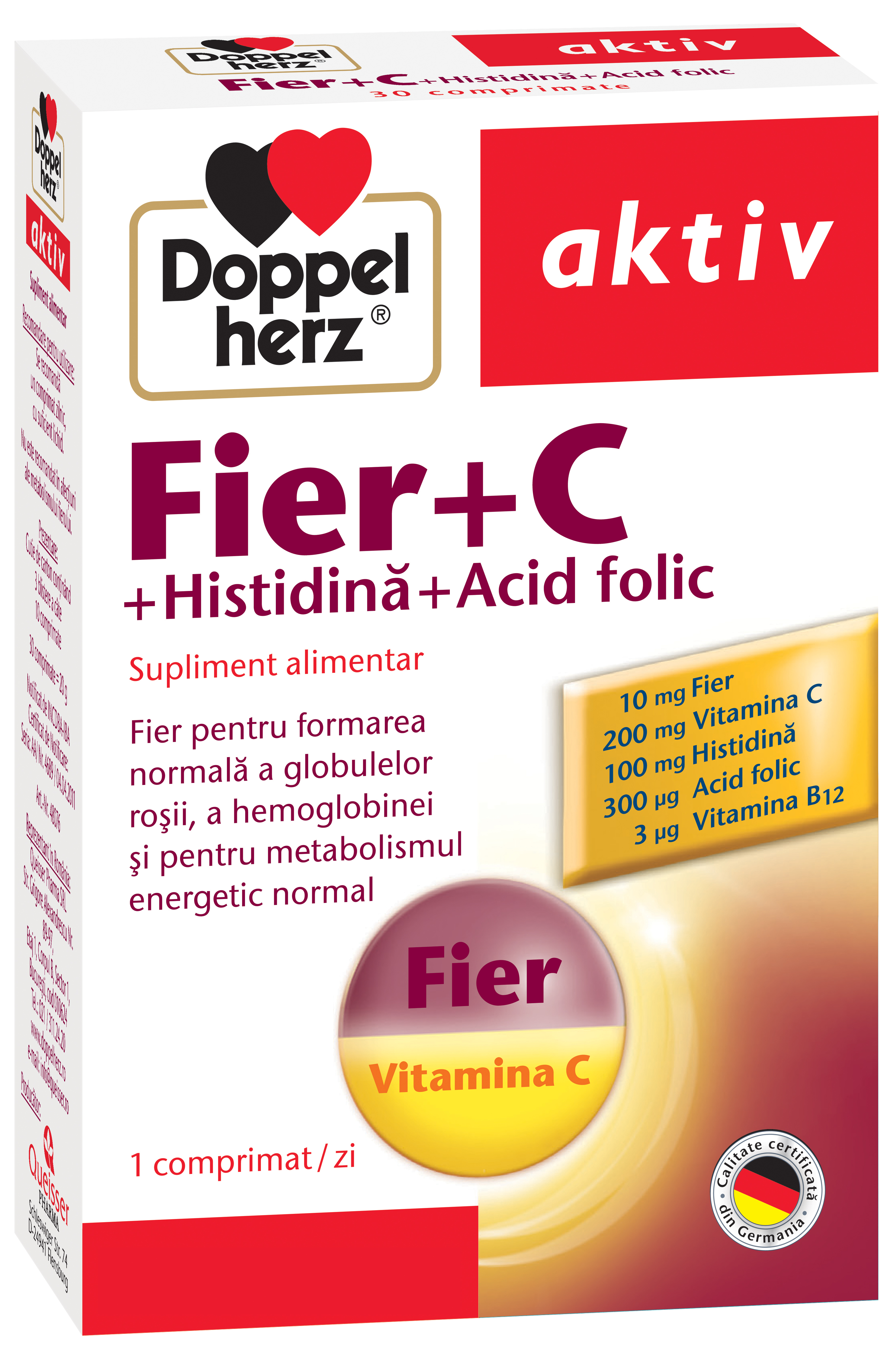 Adulti - Doppelherz Aktiv Fier + C + Histidină + Acid folic, 30 comprimate, sinapis.ro