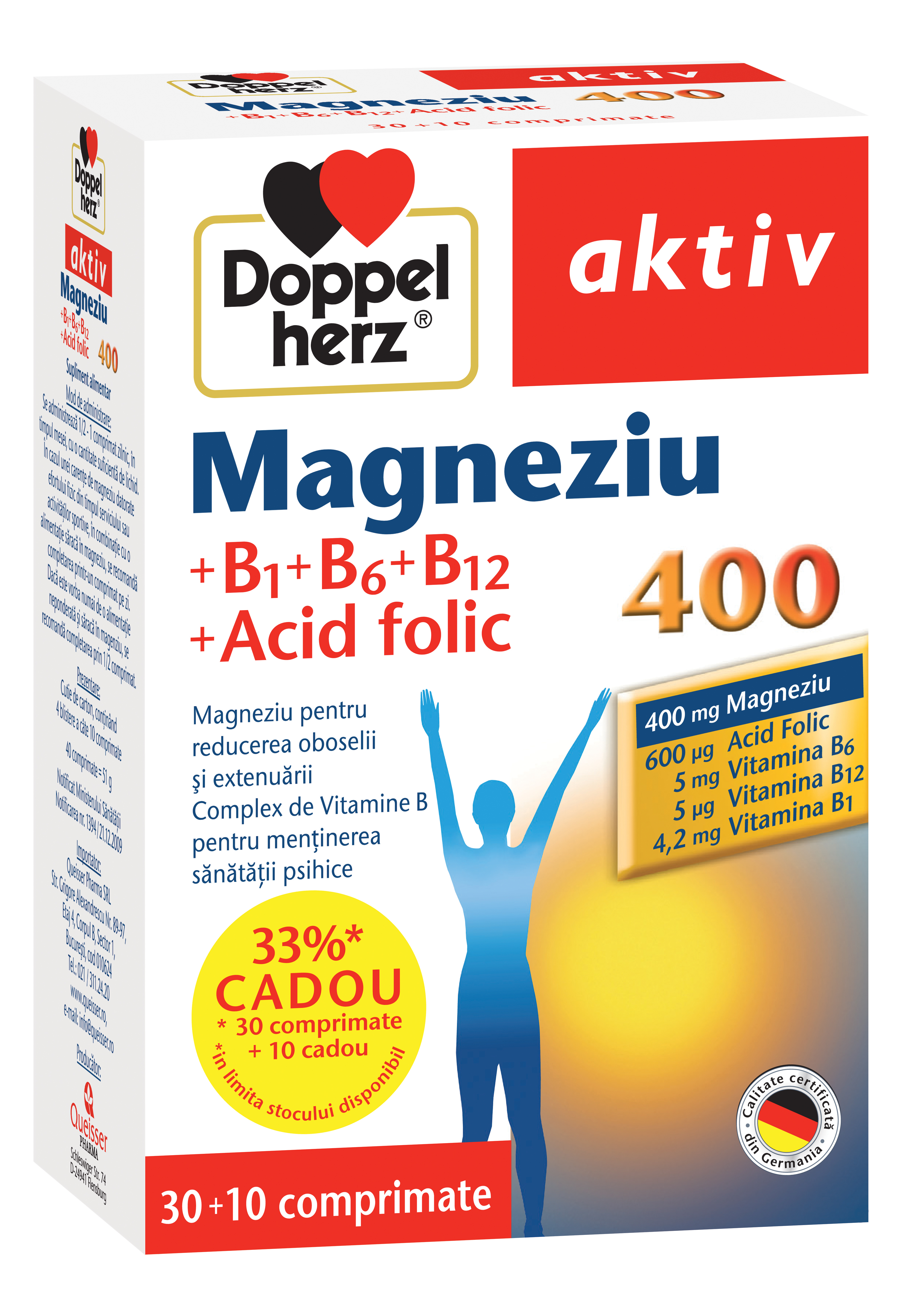 Adulti - Doppelherz Aktiv Magneziu 400 + B1 + B6 + B12 + Acid Folic, 30 + 10 comprimate, sinapis.ro