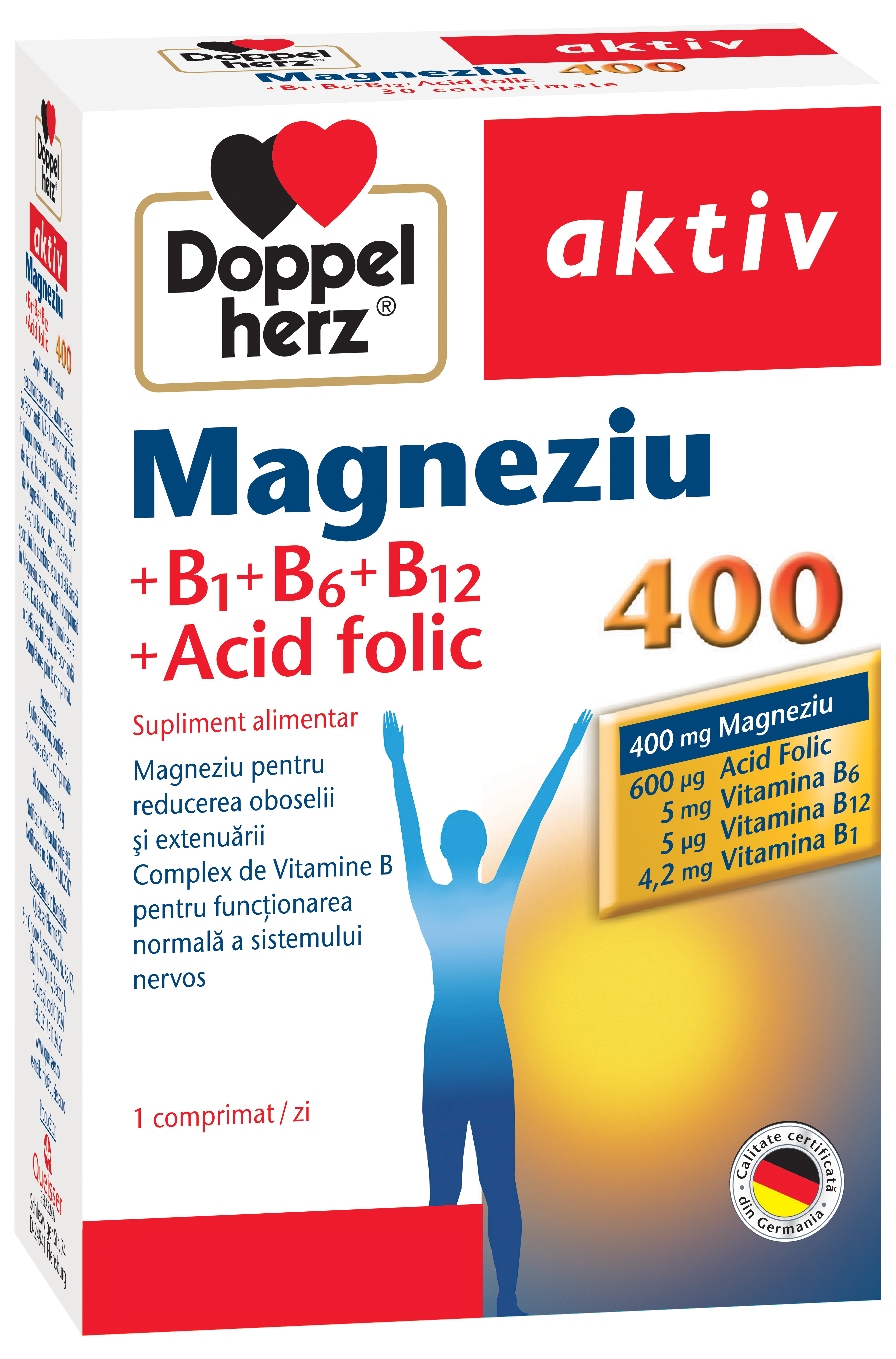 Adulti - Doppelherz Aktiv Magneziu 400 + B1 + B6 + B12 + Acid Folic, 30 comprimate, sinapis.ro