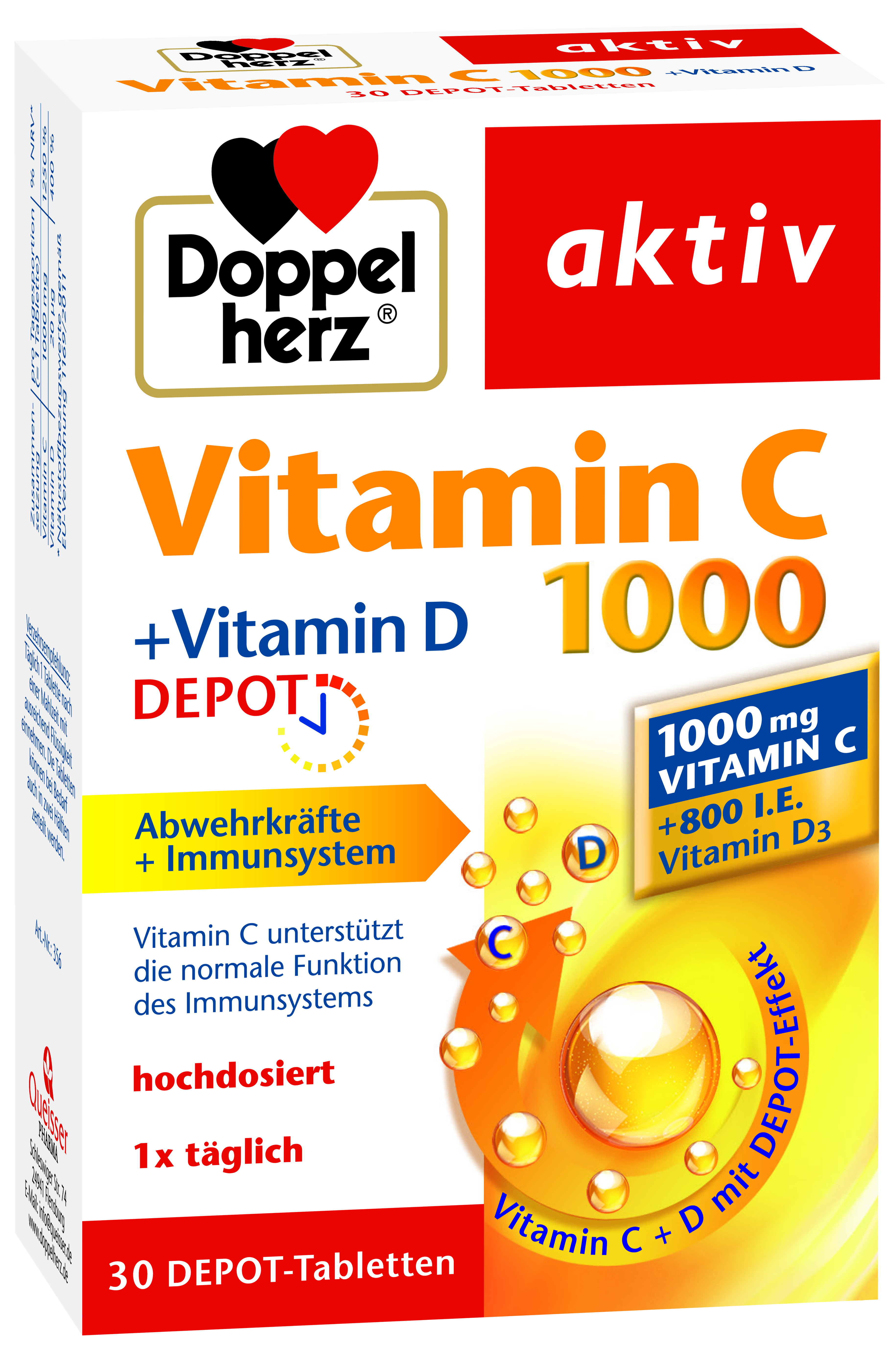 Imunitate - Doppelherz Aktiv Vitamina C 1000 + Vitamina D Depot, 30 comprimate, sinapis.ro