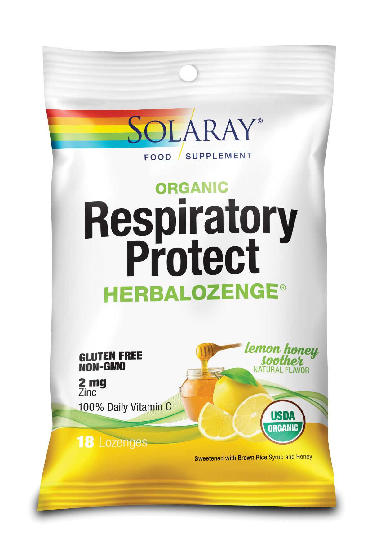 Dureri de gat - Dropsuri pentru gât Respiratory Protect HerbaLozenge Lemon Honey Soother Solaray, 18 bucăți, Secom, sinapis.ro