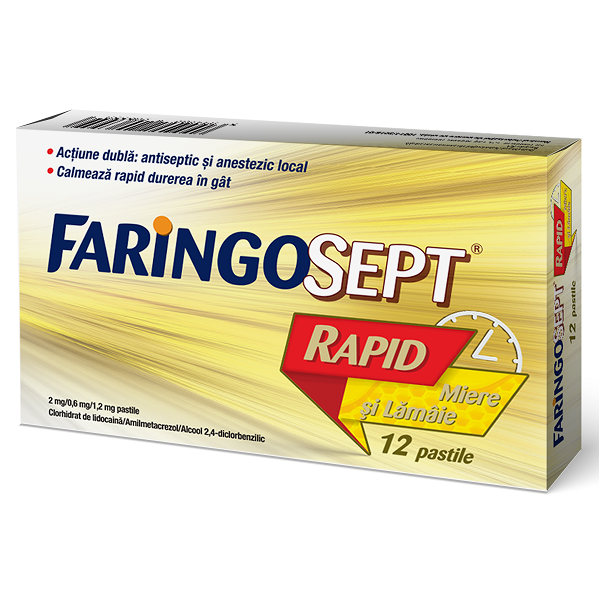 Dureri de gat - Faringosept Rapid cu aromă de miere și lămâie, 12 pastile, Terapia, sinapis.ro