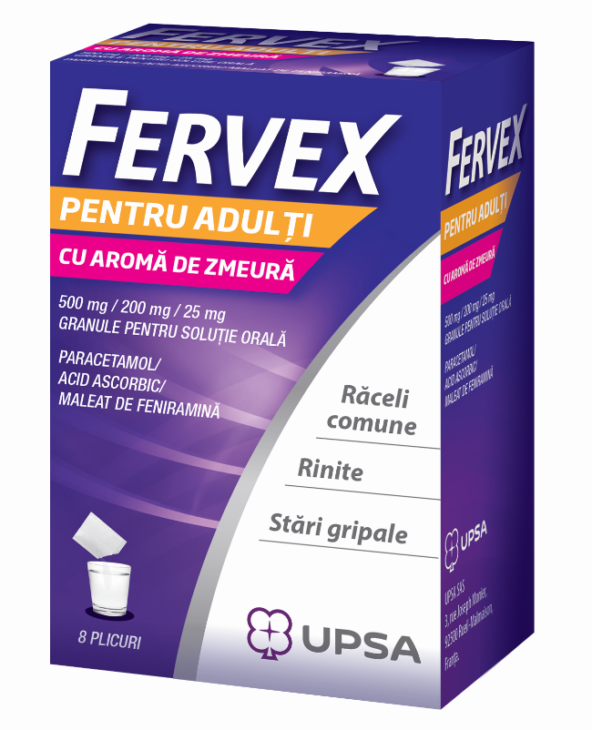 Raceala si gripa - Fervex pentru adulti 500 mg/200 mg/25 mg, 8 plicuri, cu aroma de zmeura, sinapis.ro