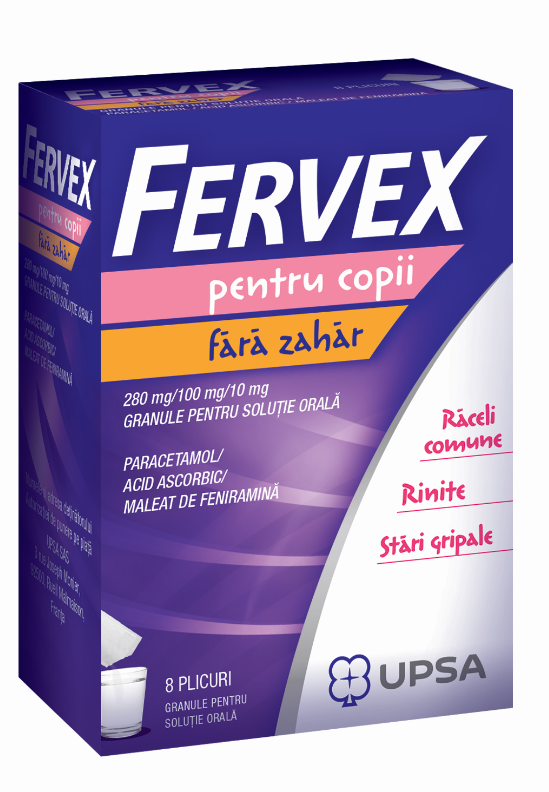 Raceala si gripa - Fervex pentru copii fara zahar, 280mg/100 mg/10 mg, 8 plicuri, sinapis.ro