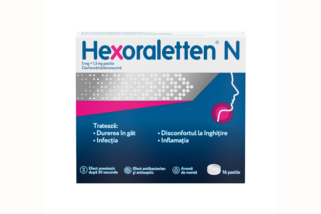Dureri de gat - Hexoraletten N, 5 mg+1,5 mg, 16 pastile, McNeil, sinapis.ro