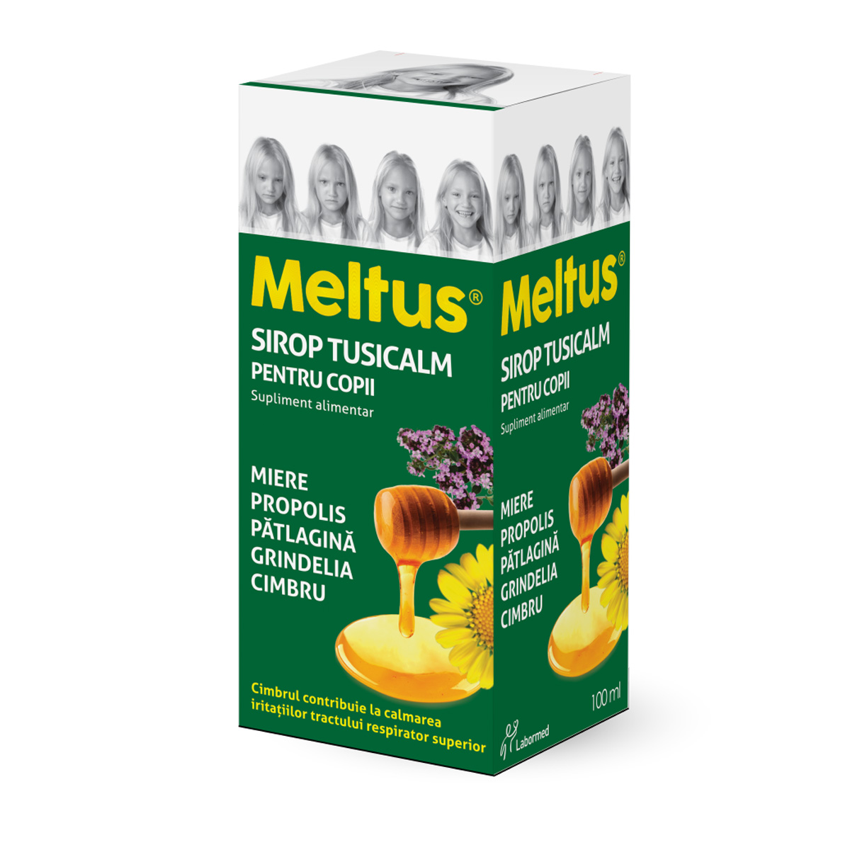 Siropuri de tuse - Meltus Tusicalm pentru copii, 100ml, supliment alimentar, Labormed, sirop cu miere, Cimbru, Grindelia, Pătlagină și tinctură de propolis , sinapis.ro