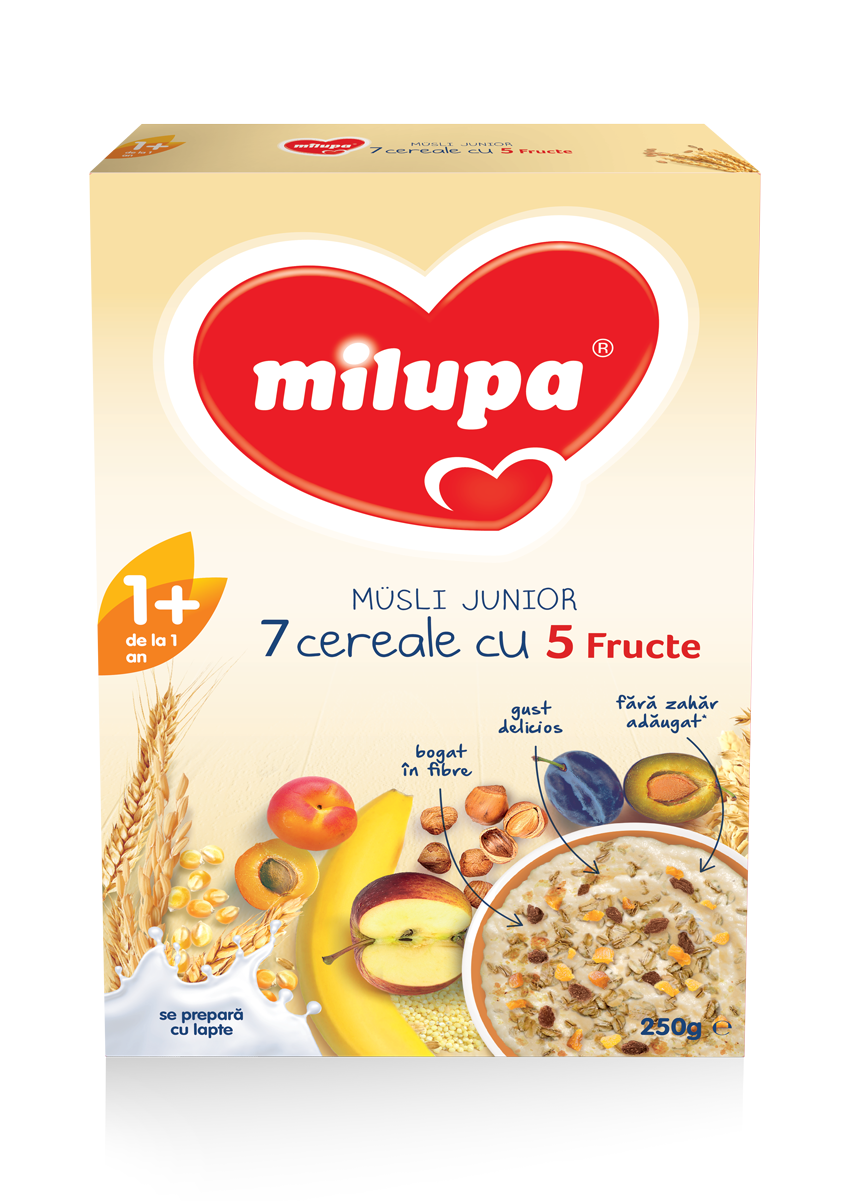 Lapte - Milupa Musli Junior 7 cereale cu 5 fructe, 250 g, de la 1 an, sinapis.ro