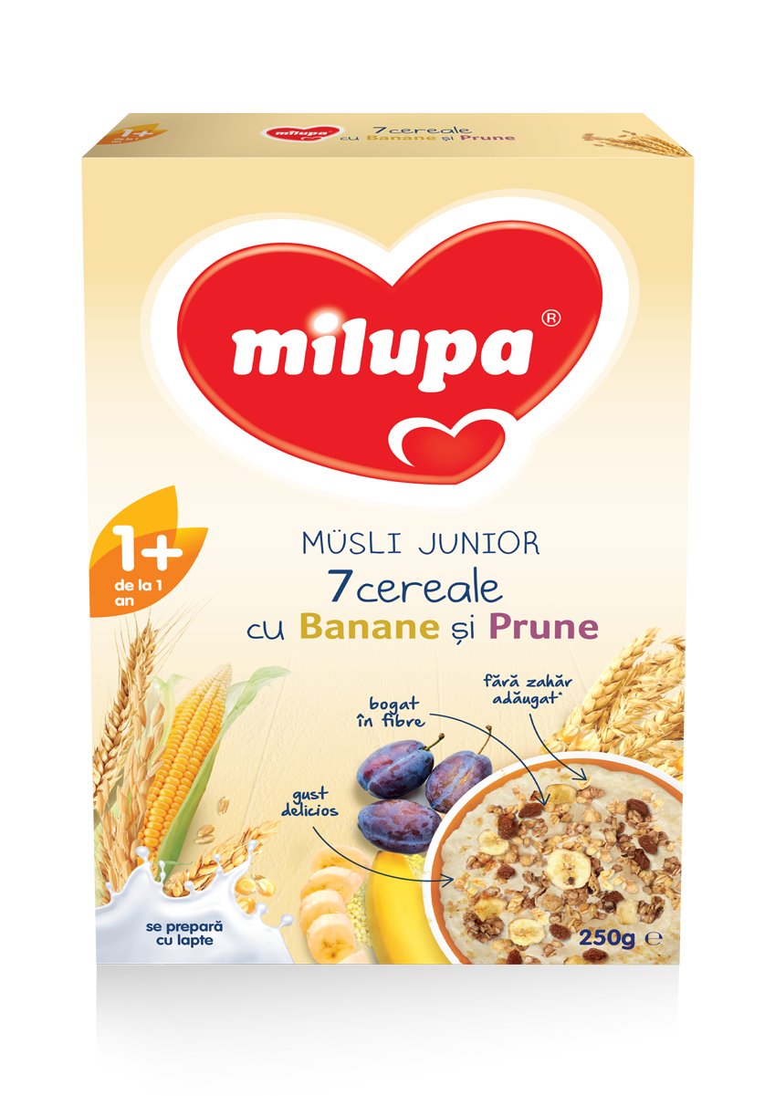 Lapte - Milupa Musli Junior 7 cereale cu banane si prune, 250g,  +12 luni, sinapis.ro