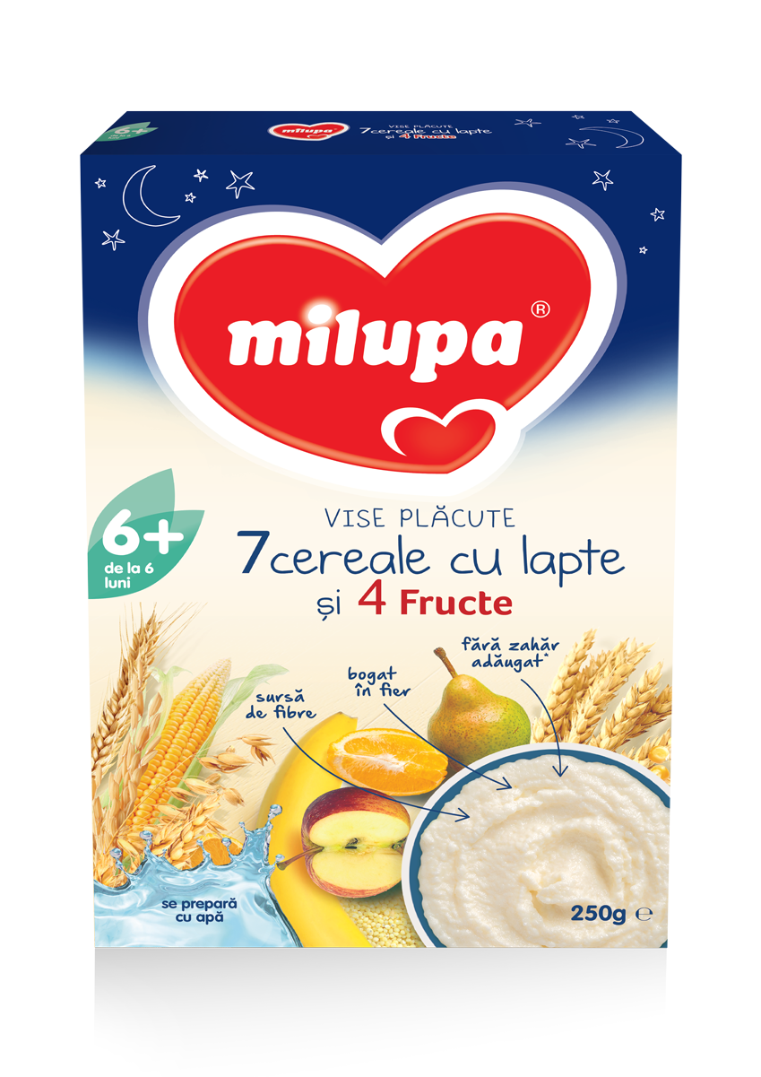Lapte - Milupa Vise plăcute 7 cereale și 4 fructe 250g, de la 6 luni, sinapis.ro