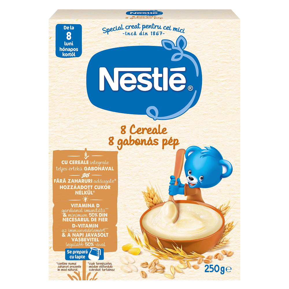 Cereale-biscuiti-pireuri - Nestle 8 cereale 250g, de la 8 luni, sinapis.ro