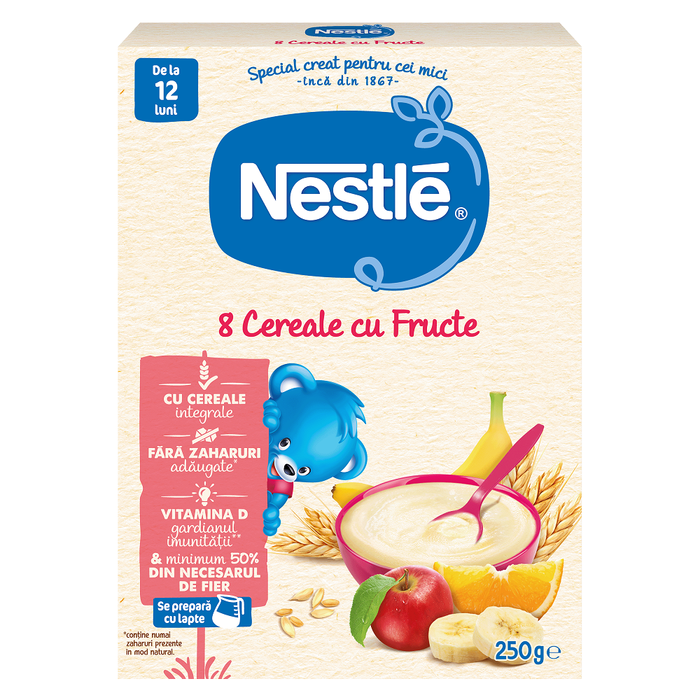 Cereale-biscuiti-pireuri - Nestle 8 cereale cu fructe, 250g, de la 12 luni, sinapis.ro