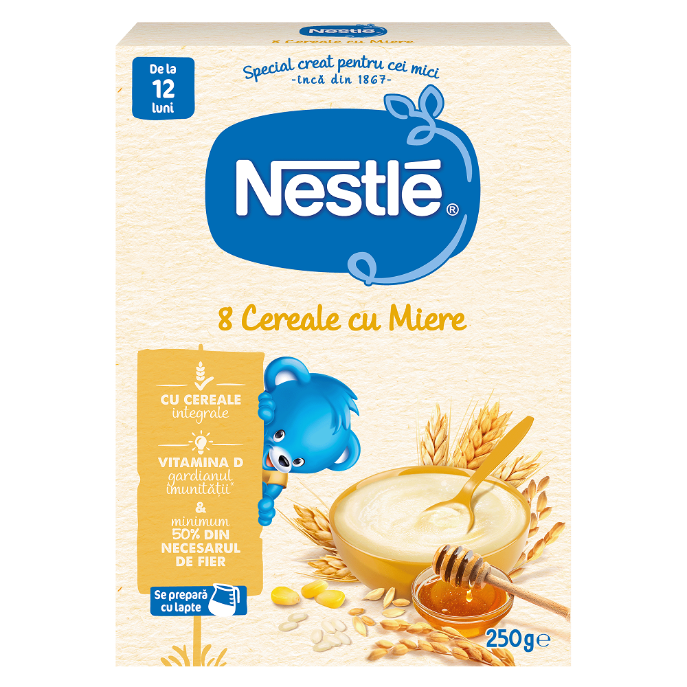 Cereale-biscuiti-pireuri - Nestle 8 cereale cu miere, 250g, de la 12 luni, sinapis.ro