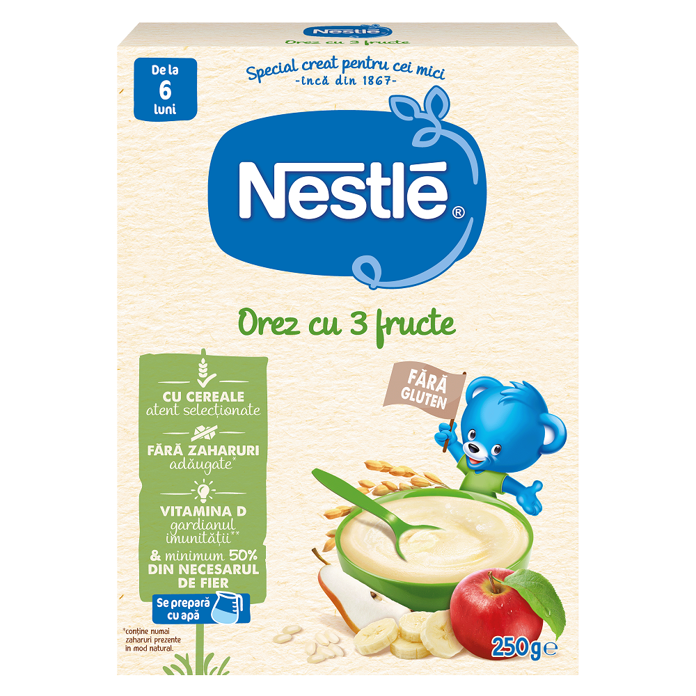 Cereale-biscuiti-pireuri - Nestle Cereale orez cu 3 fructe 250g, de la 6 luni, sinapis.ro