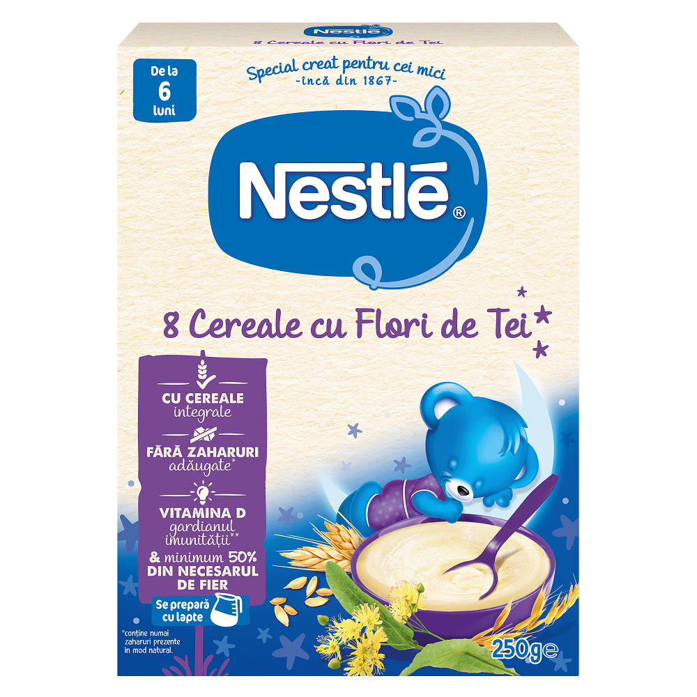 Cereale-biscuiti-pireuri - Nestle 8 cereale cu flori de tei, 250g, de la 6 luni, sinapis.ro