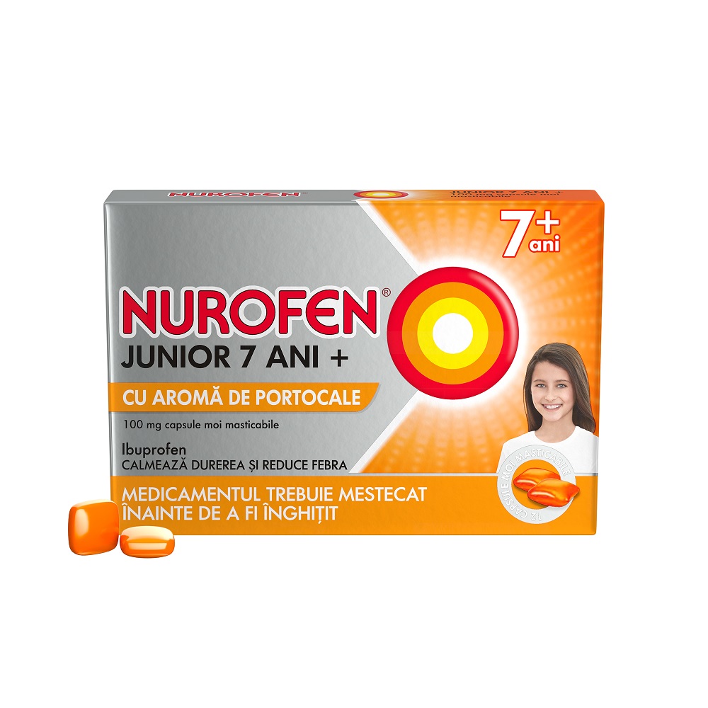 Raceala si gripa - Nurofen Junior 7 ani+ 100 mg cu aromă de portocale, 12 capsule, Reckitt Benckiser, sinapis.ro