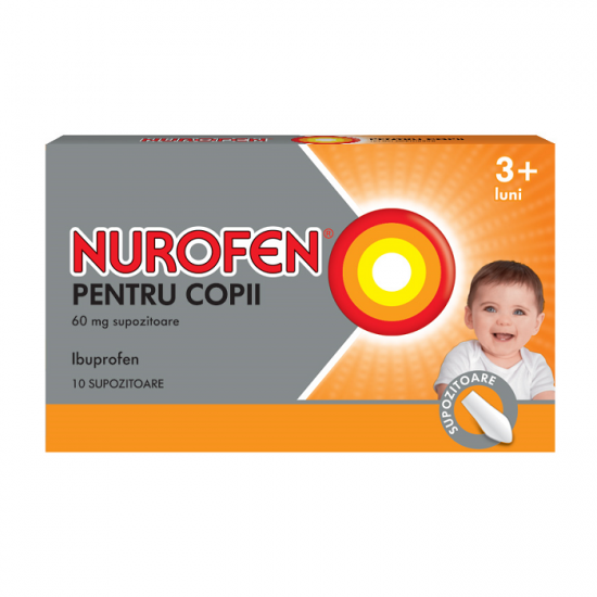 Raceala si gripa - Nurofen pentru copii 3+ luni 60 mg, 10 supozitoare, Reckitt Benckiser Healthcare, sinapis.ro