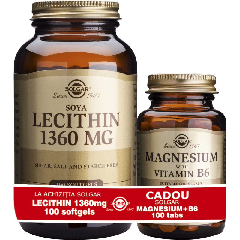 Pentru memorie - Pachet Lecithin 1360mg 100 capsule moi + Magnesium cu Vitamina B6 100 tablete, Solgar, sinapis.ro