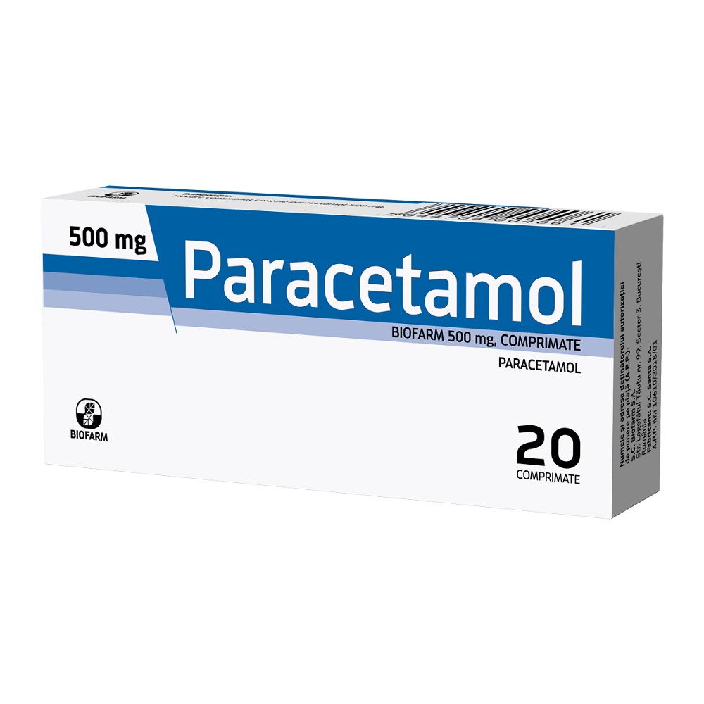 Raceala si gripa - Paracetamol 500 mg, 20 comprimate, Biofarm, sinapis.ro