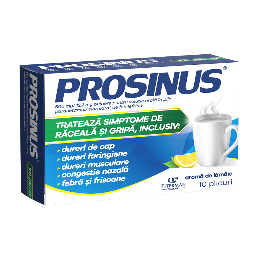 Raceala si gripa - Prosinus 600 mg/12,2 mg pulbere pentru solutie orala, 10 plicuri, Fiterman Pharma, sinapis.ro