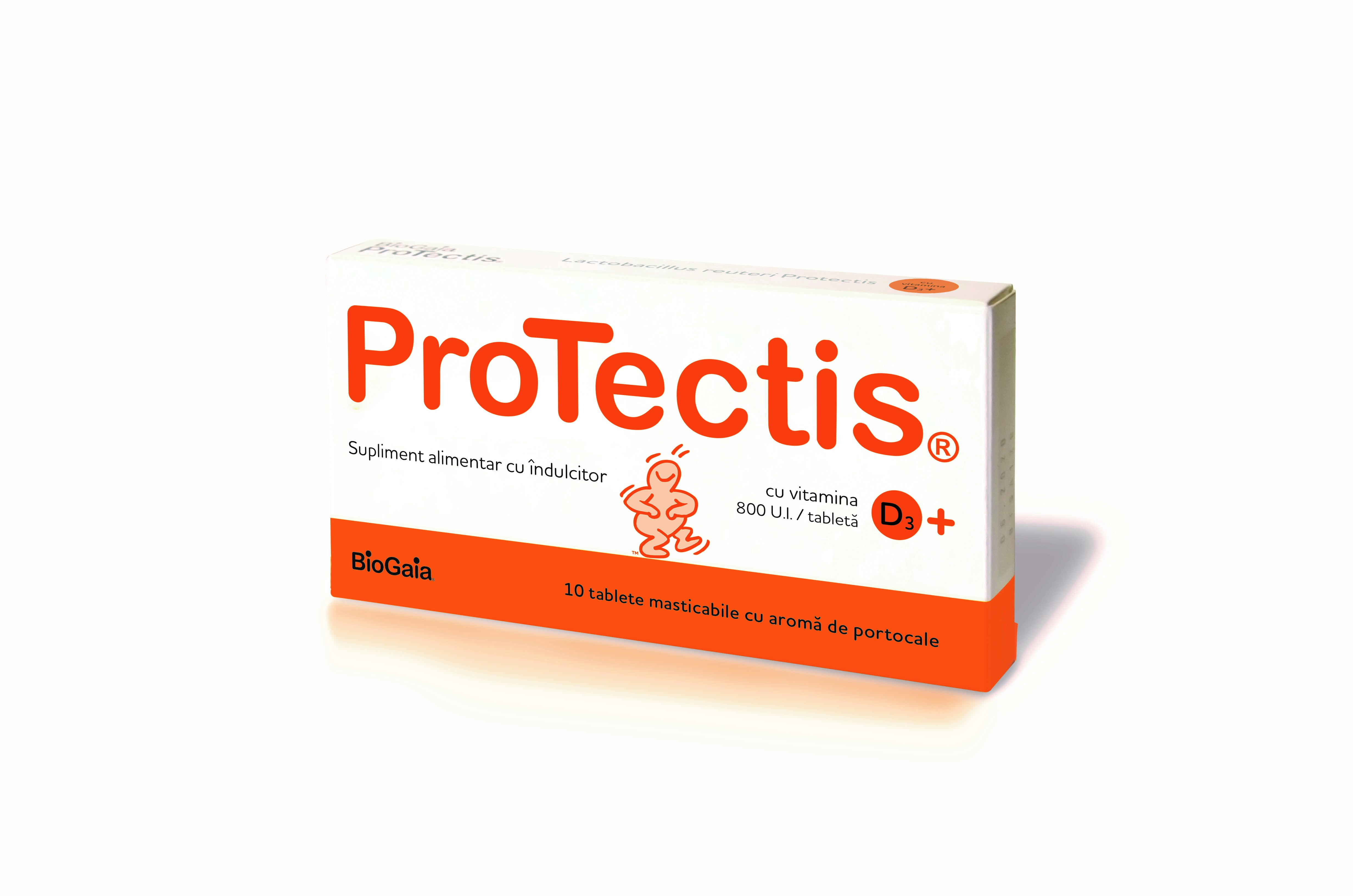 Probiotice si Prebiotice - Protectis BioGaia cu Vitamina D3 800UI aroma de portocale, 10 tablete masticabile, sinapis.ro