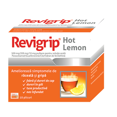 Raceala si gripa - Revigrip hot lemon, 10 plicuri, Solacium, sinapis.ro