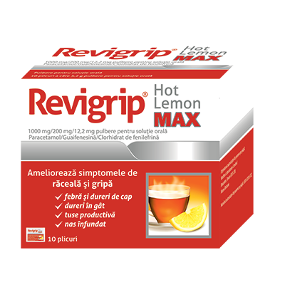 Raceala si gripa - Revigrip hot lemon max, 10 plicuri, Solacium, sinapis.ro