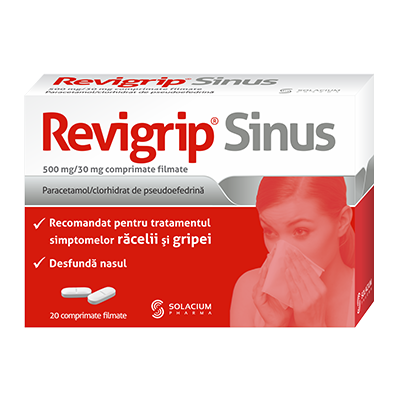 Raceala si gripa - Revigrip sinus, 500mg/30mg, 20 comprimate filmate, Solacium, sinapis.ro