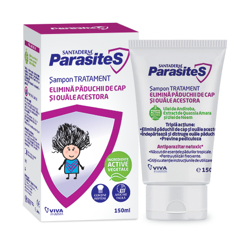 Antiparazitar - Santaderm Parasites șampon tratament păduchi, 150 ml + pieptene, Viva Pharma, sinapis.ro