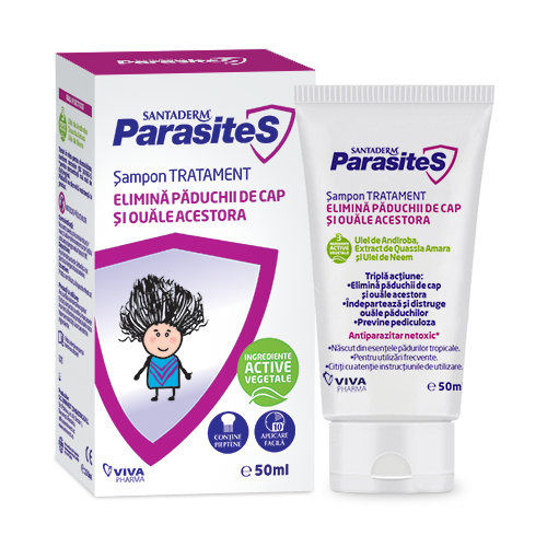 Antiparazitar - Santaderm Parasites șampon tratament păduchi, 50 ml, Viva Pharma, sinapis.ro