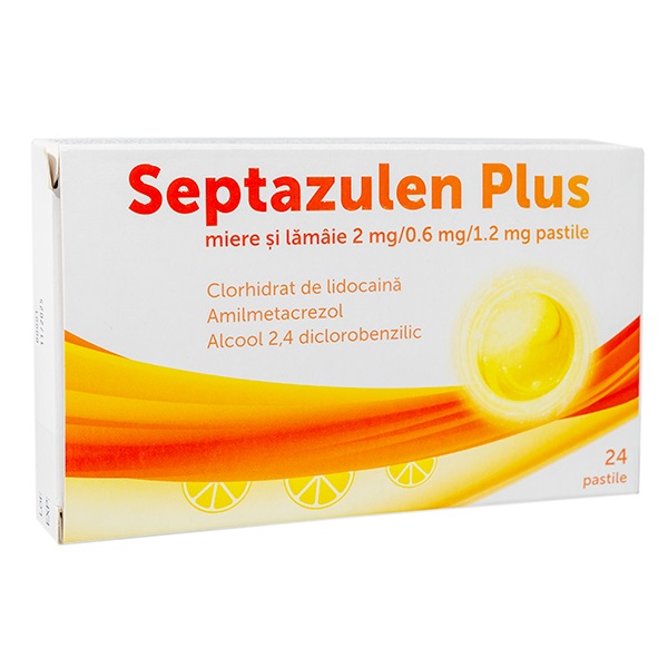Dureri de gat - Septazulen Plus Miere si Lamaie, 2mg/0.6mg/1.2 mg, 24 pastile, PharmaNet, sinapis.ro