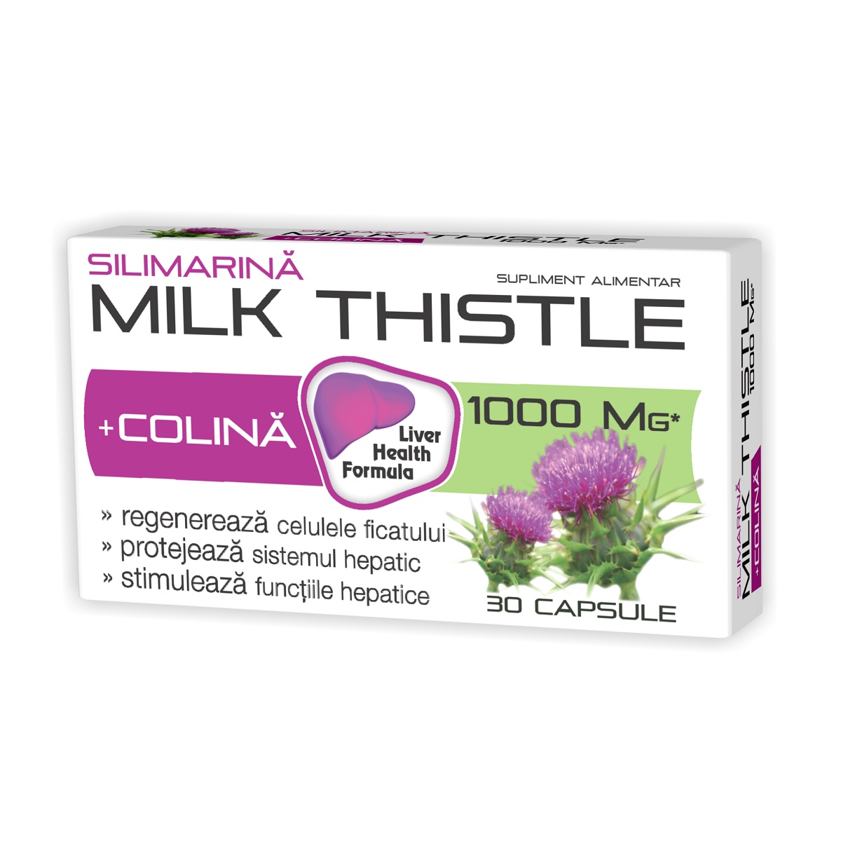 Protectoare hepatice - Silimarină + Colina Milk Thistle 1000mg, 30 capsule, Natur Produkt, sinapis.ro