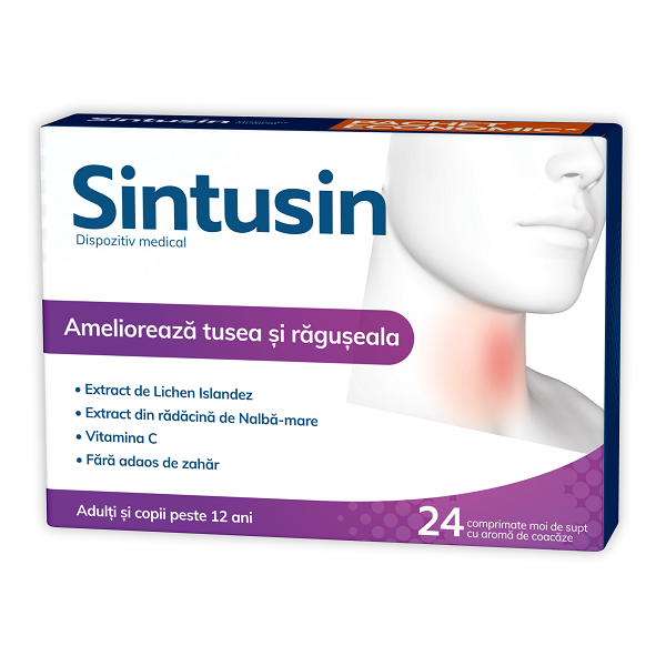Raceala si gripa - Sintusin, 24 comprimate de supt, Zdrovit, sinapis.ro
