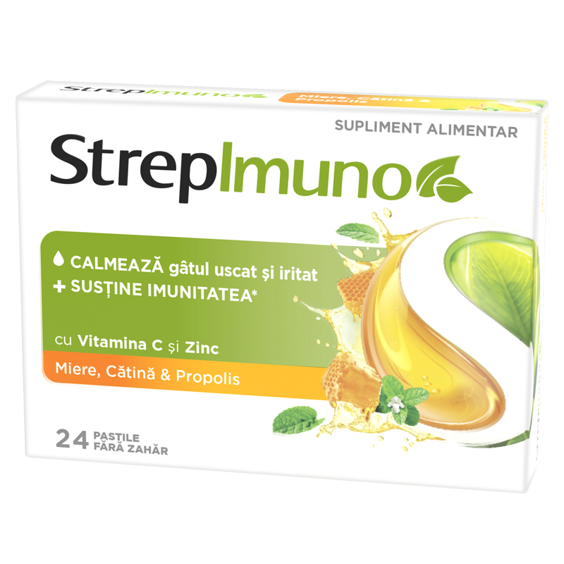 Dureri de gat - StrepImuno cu miere, cătină și propolis, 24 pastile de supt, Reckitt Benckiser, sinapis.ro