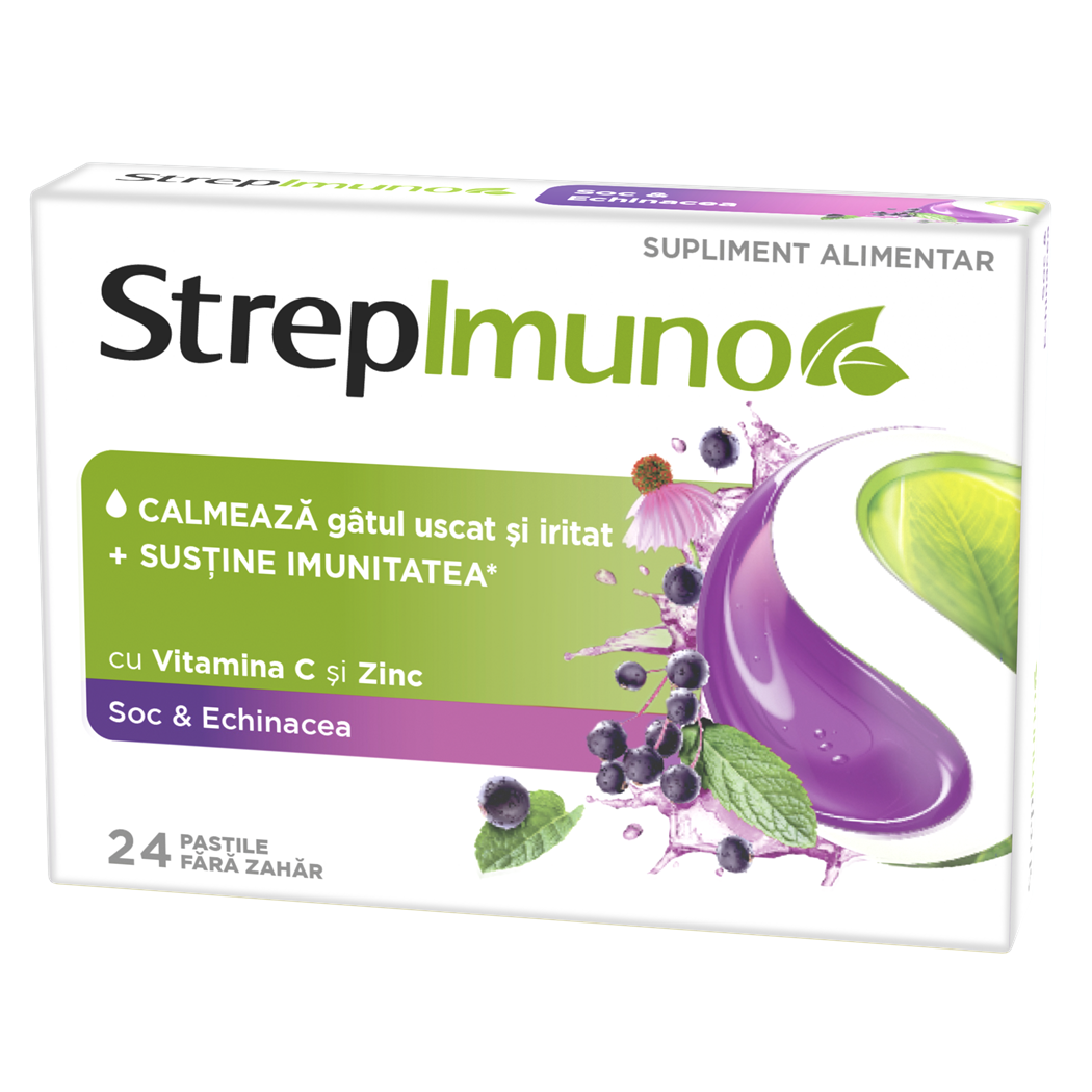 Dureri de gat - StrepImuno cu soc și echinacea, 24 pastile de supt, Reckitt Benckiser, sinapis.ro